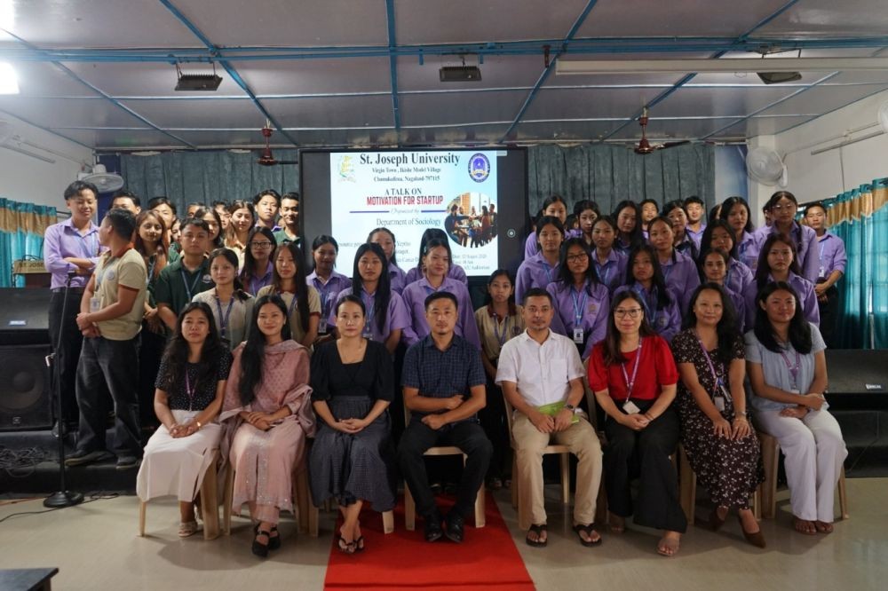 Resource person along with the faculty and students of SJU during a "Motivational Talk for Start-ups" on August 12 at the university auditorium in Chümoukedima.